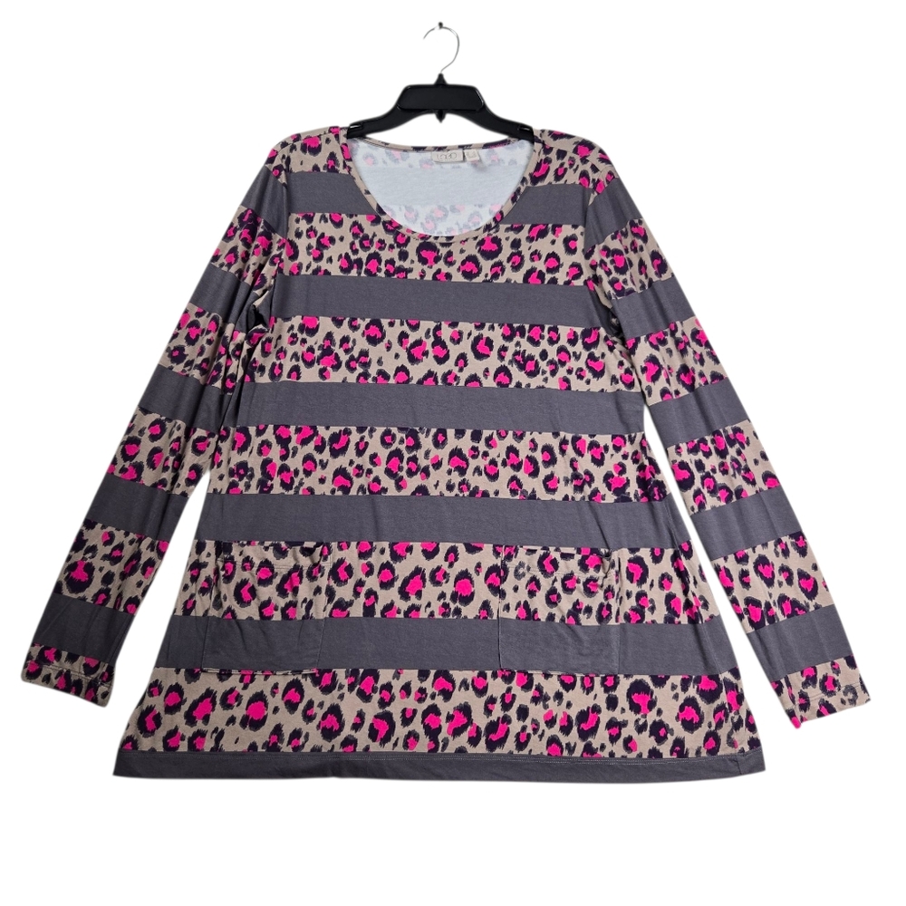 LOGO Lori Goldstein Animal Print Stripe Tunic Top